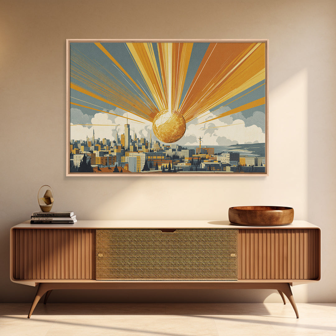 Golden Sphere Over Retro City Skyline Framed Canvas Print, Sunburst Wall Art, Midcentury Modern Decor, Futuristic Poster