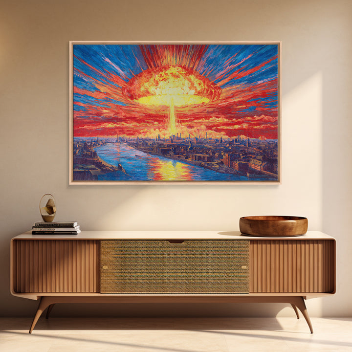 Apocalyptic Sunburst City Skyline Over River Wall Art, Sci Fi Retro Poster, Dramatic Modern Art Print For Living Room Decor