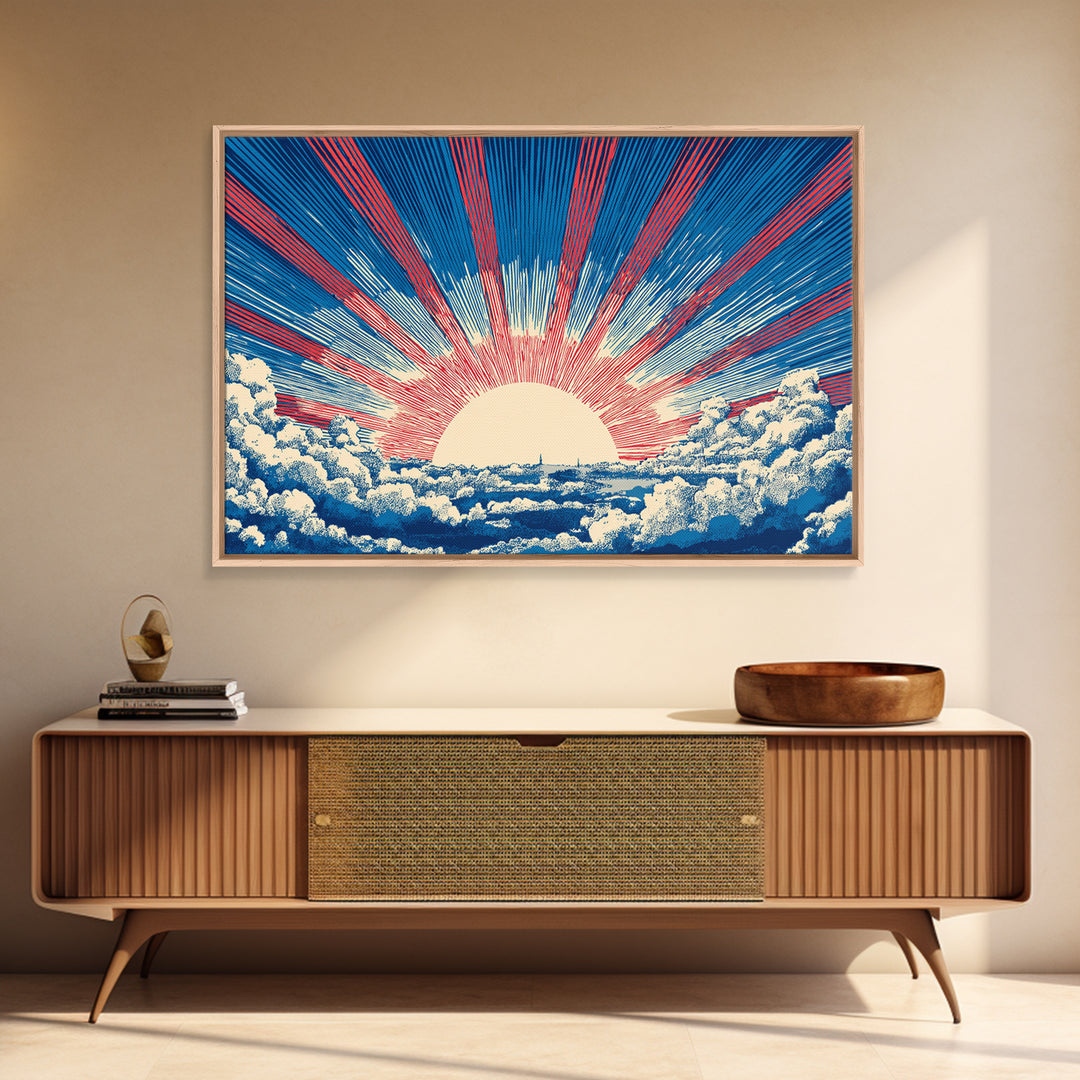 Radiant Sun Above Cloud Sea Canvas Print, Midcentury Modern Art, Retro Sun Poster, Blue Red Rays For Bedroom Wall Decor Prints