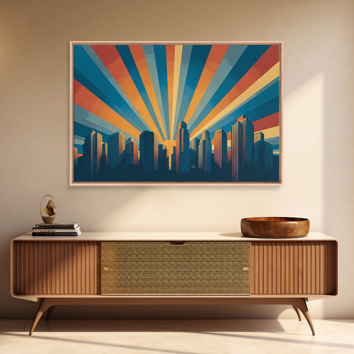 Retro City Skyline Sunrise Rays Wall Art, Midcentury Modern Poster, Urban Modern Art Print For Office And Living Room Decor