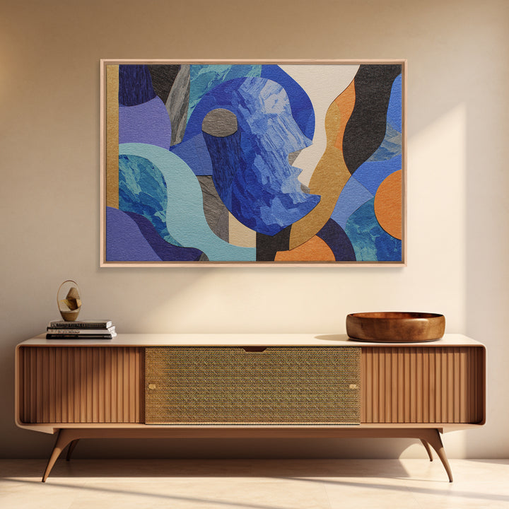 Cubist Blue Profile Face Abstract Wall Art, Modern Contemporary Collage Print, Geometric MCM Artwork For Bedroom Decor Gift