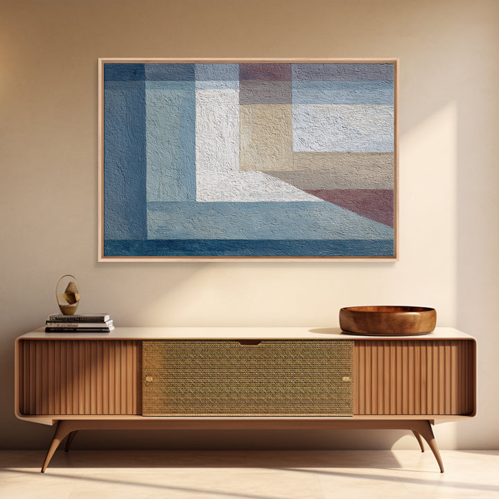 Muted Blue Beige Geometric Blocks Framed Canvas Print, Minimalist Modern Abstract Art, Neutral Wall Decor For Living Room