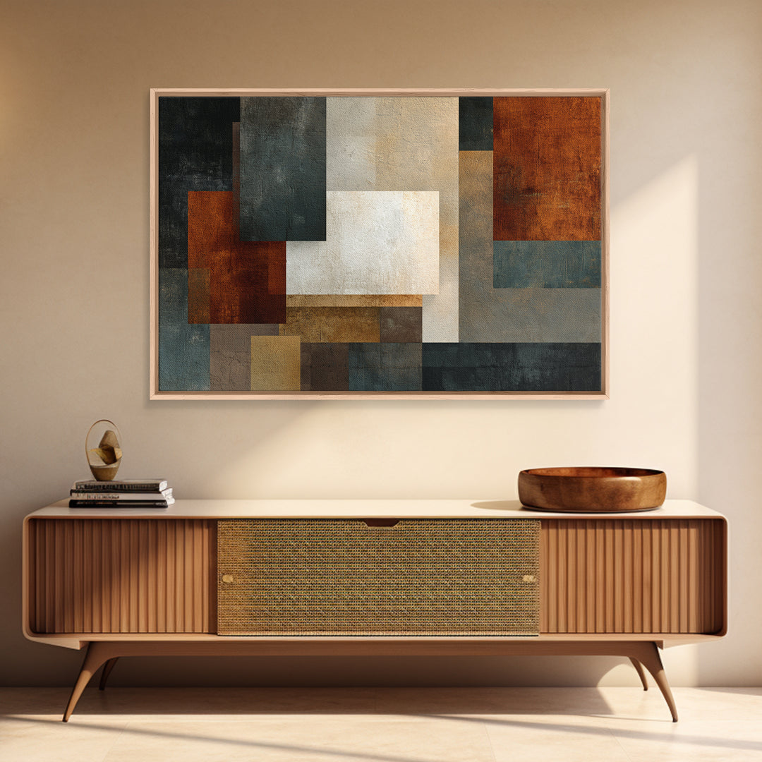 Textured Geometric Blocks In Rust Blue And Cream Wall Art, Midcentury Modern Abstract Art Print, MCM Living Room Decor Gift