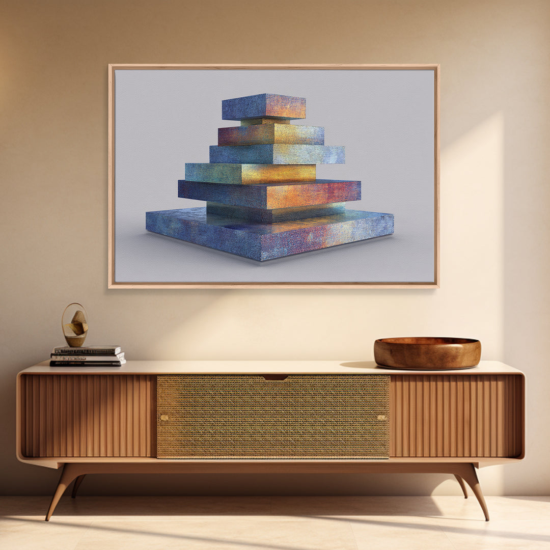 Stacked Iridescent Geometric Sculpture Canvas Print, Modern Abstract Art, Midcentury Decor, Colorful MCM Statement Piece