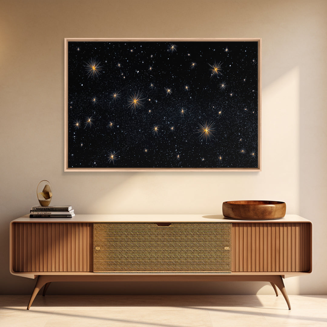 Black Night Sky With Golden Starbursts Wall Art, Cosmic Retro Art Print, Space Abstract Art, Modern Wall Decor, Bedroom Art Prints