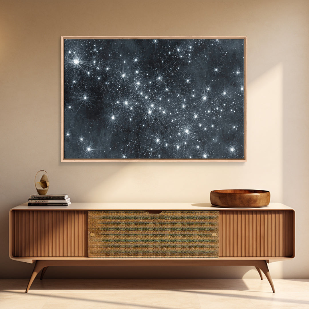 Monochrome Silver Starry Night Wall Art, Black White Space Abstract Art Print, Modern Wall Decor, Moody Bedroom Art Poster