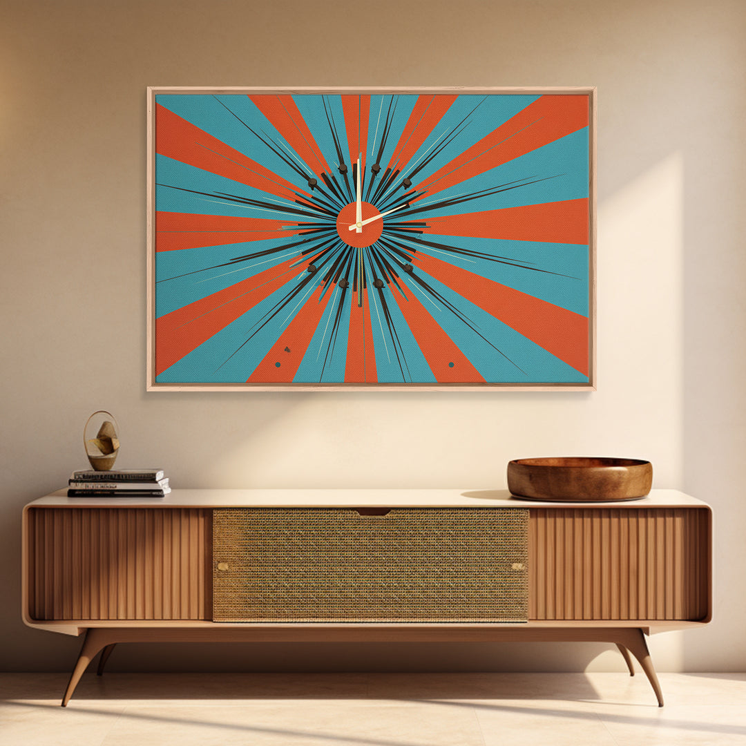 Orange Teal Atomic Starburst Framed Canvas Print, Midcentury Modern Wall Art, Retro Geometric Poster, MCM Decor, Living Room Art