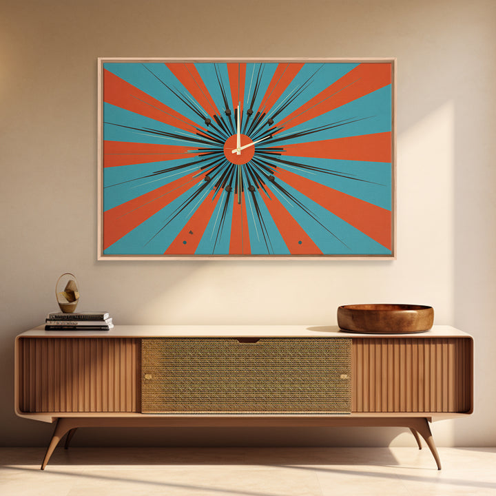 Orange Teal Atomic Starburst Framed Canvas Print, Midcentury Modern Wall Art, Retro Geometric Poster, MCM Decor, Living Room Art