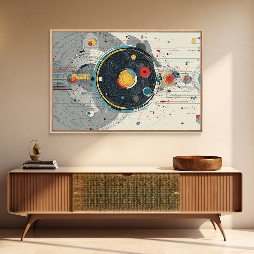 Retro Futuristic Orbital Circles Framed Canvas Print, Midcentury Modern Abstract Art, Geometric Wall Art, MCM Decor, Living Room Art