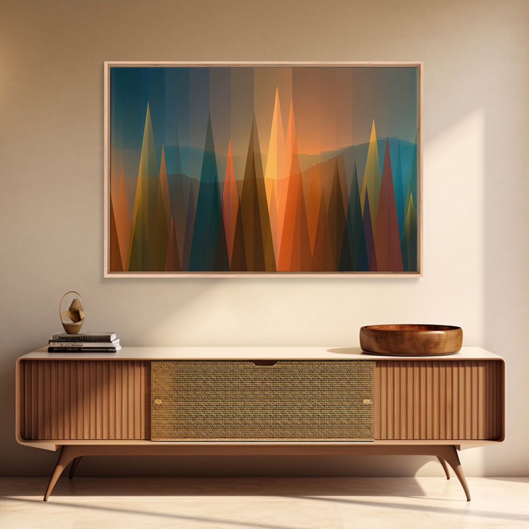 Abstract Sunset Forest Spires Wall Art, Midcentury Modern Canvas Print, Geometric Landscape, Office Decor, MCM Wall Art Print