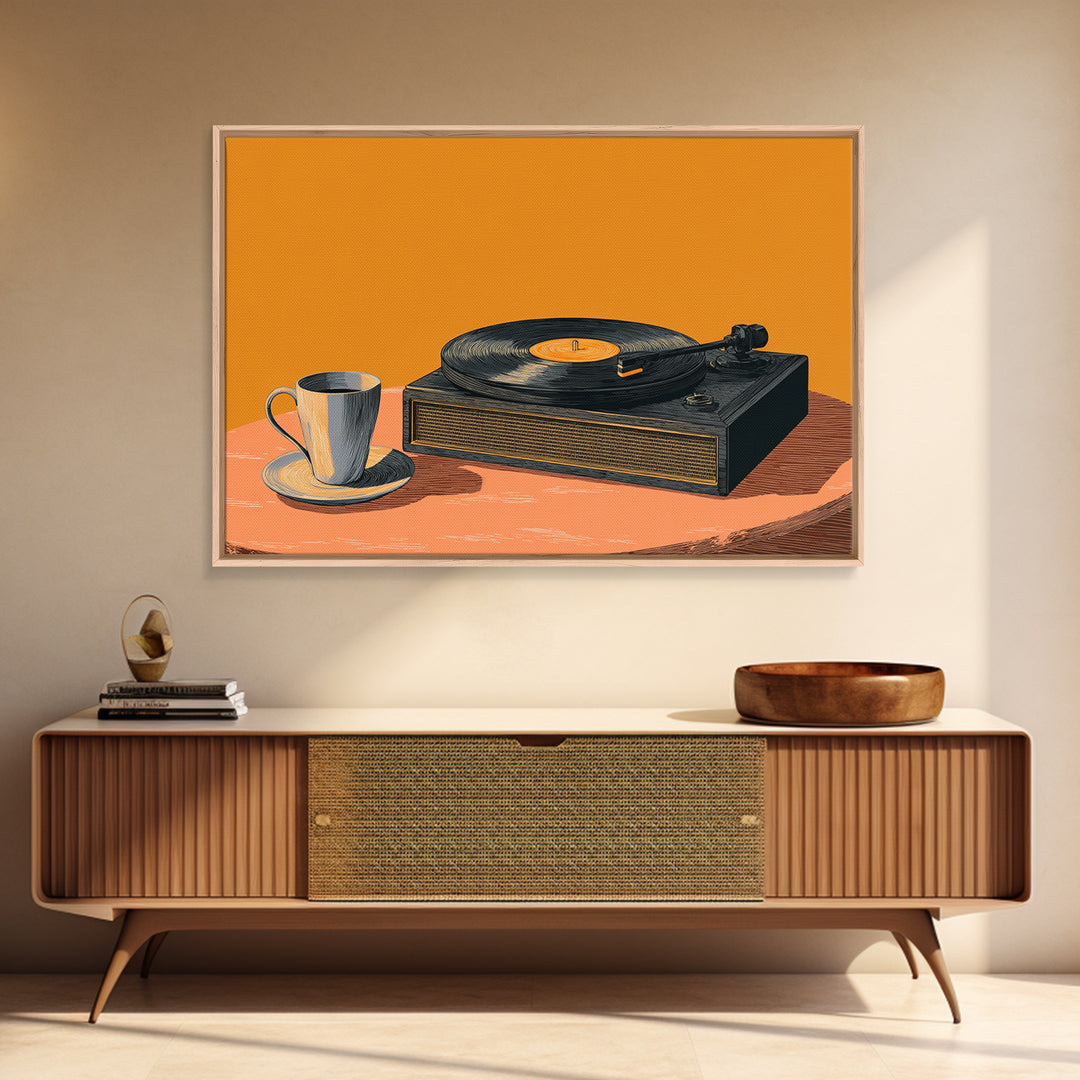 Retro Record Player With Coffee Canvas Print, Midcentury Modern Music Poster, Vinyl Turntable Wall Art, Orange Home Decor