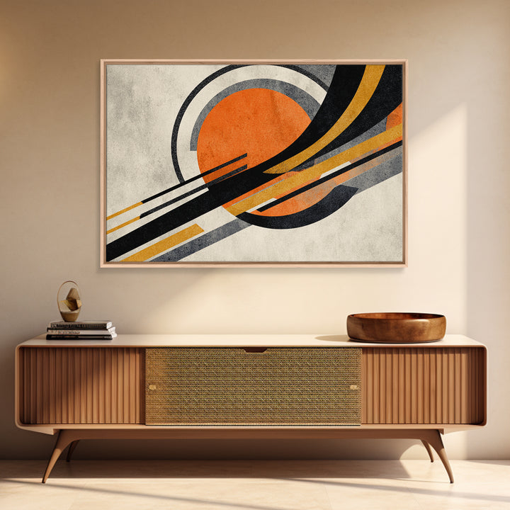 Orange Sun And Sweeping Black Arcs Wall Art, Midcentury Modern Abstract Geometric Print, Atomic Retro MCM Living Room Decor