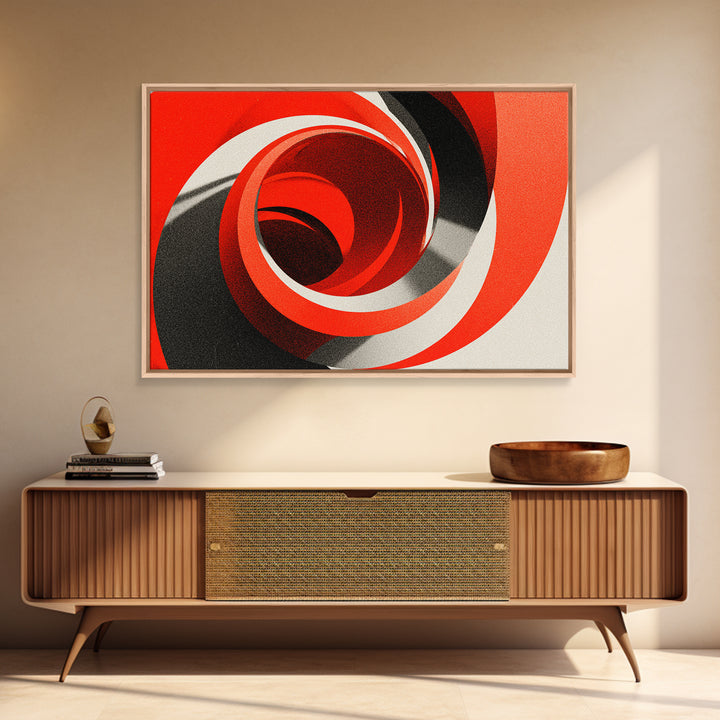 Red Spiral Vortex And Black Curves Canvas Print, Bold Modern Abstract Op Art Poster, Retro Geometric Statement Wall Decor