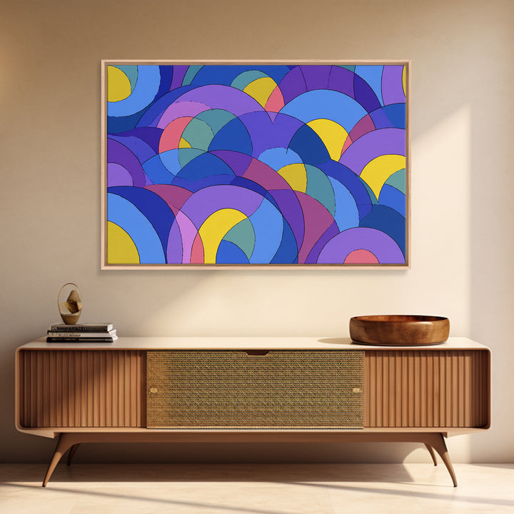Blue Purple And Yellow Arc Pattern Wall Art, Colorful Midcentury Modern Geometric Print, Bold Retro 70s MCM Home Wall Decor