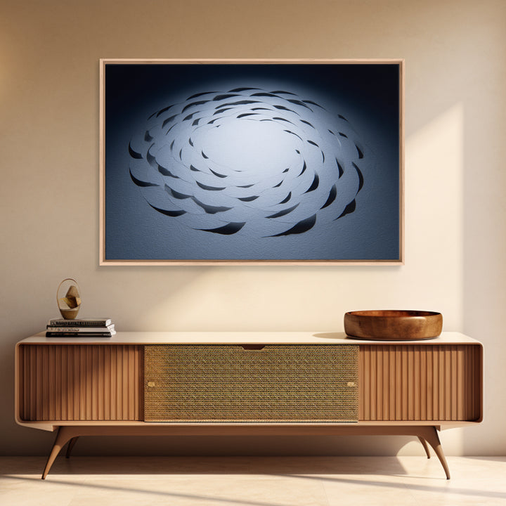 White Paper Cut Spiral Flower Canvas Print, Minimalist Modern Abstract Wall Decor, Blue Black Sculptural Textile Statement Art
