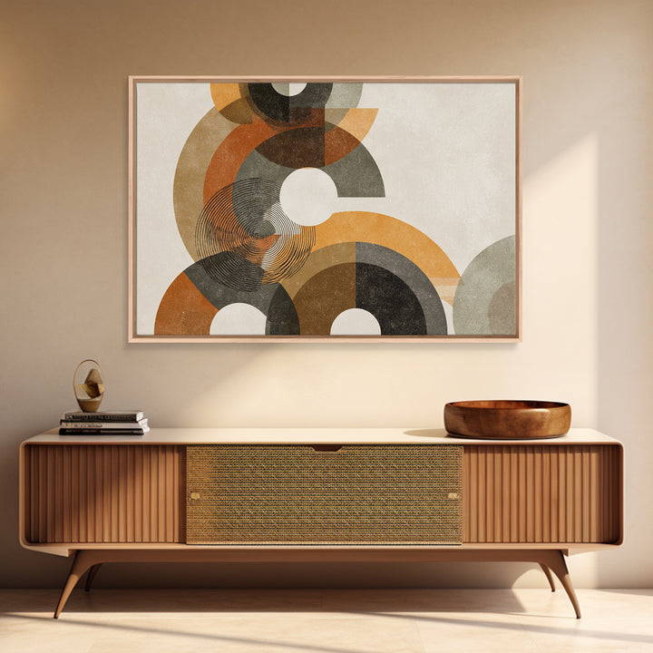 Earthy Orange Black And Beige Circles Framed Canvas Print, Midcentury Modern Abstract Geometric Wall Decor, Retro MCM Art