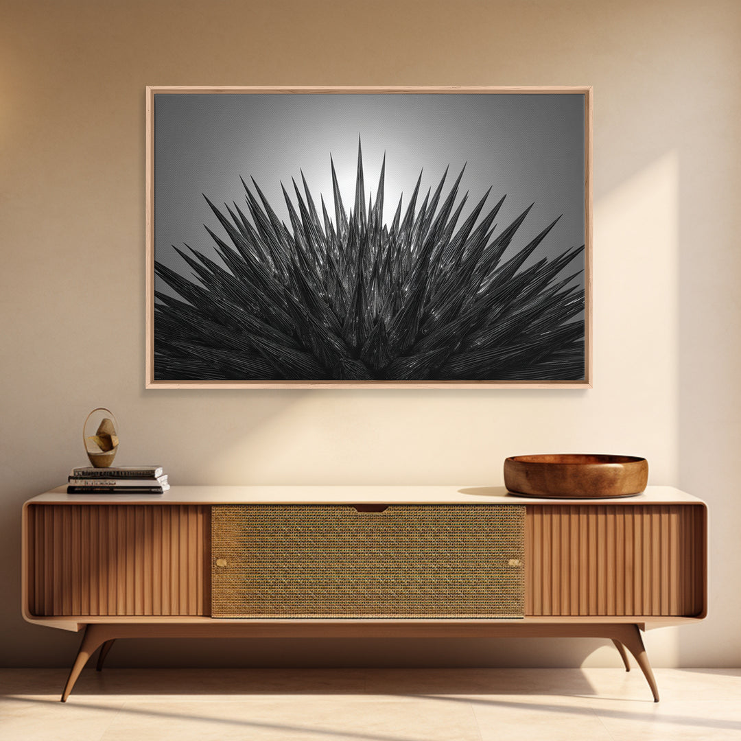 Black Spiky Radial Feather Abstract Wall Art, Monochrome Modern Nature Print, Dramatic Geometric Statement Office Decor