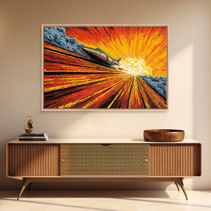 Retro Rocket Speeding Into Solar Burst Wall Art, Sci Fi Space Poster, Atomic Mid Century Modern Decor, Orange Comic Print