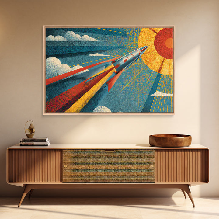 Sleek Rocket Flying Toward Sun Canvas Print, Retro Futurist Space Wall Decor, Mid Century Modern Art, Atomic Sci Fi Poster