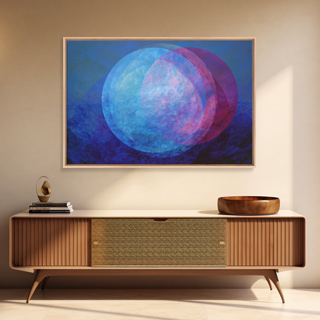 Blue Magenta Overlapping Moons Canvas Print, Abstract Space Wall Decor, Modern Geometric Art, Moody Bedroom Poster, Blue Wall Art