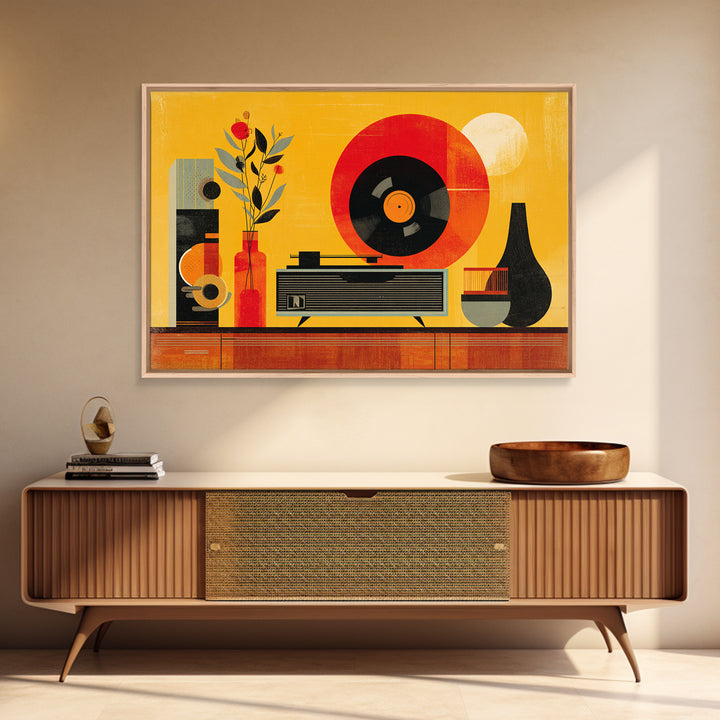 Bold Yellow Stereo And Red Vinyl, Mid Century Modern Canvas Print, Retro Music Room Wall Decor, MCM Record Player Poster