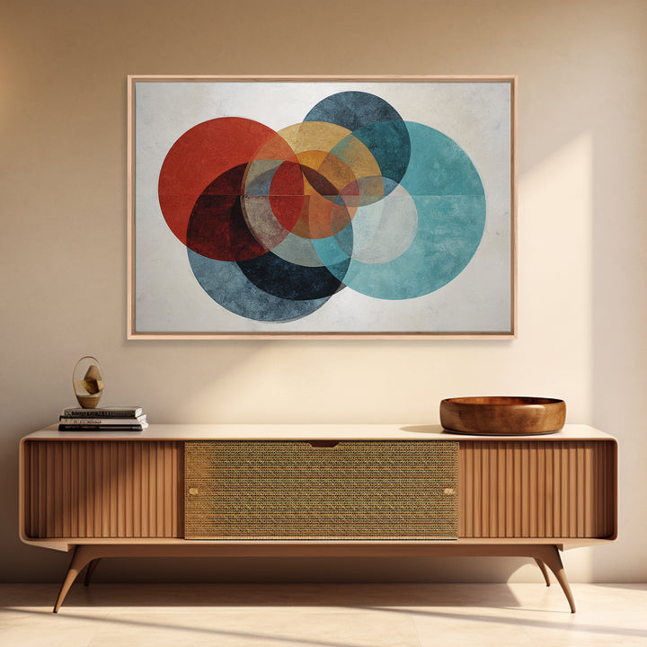 Textured Overlapping Circles Wall Art, Red Teal Mustard Abstract Print, Mid Century Modern Decor, Geometric Living Room Poster