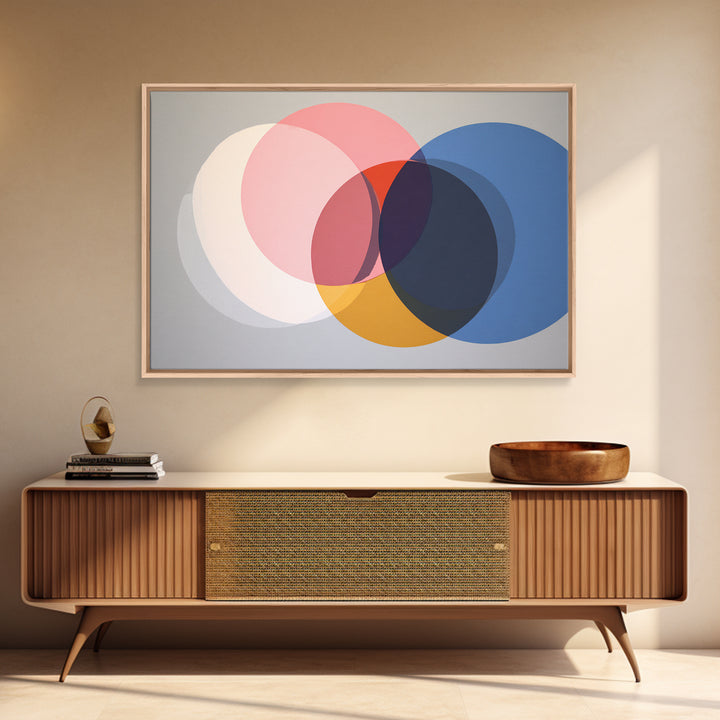 Soft Pink Cream Blue And Orange Circles Canvas Print, Midcentury Modern Geometric Abstract Wall Decor For Living Room Home Decor Poster