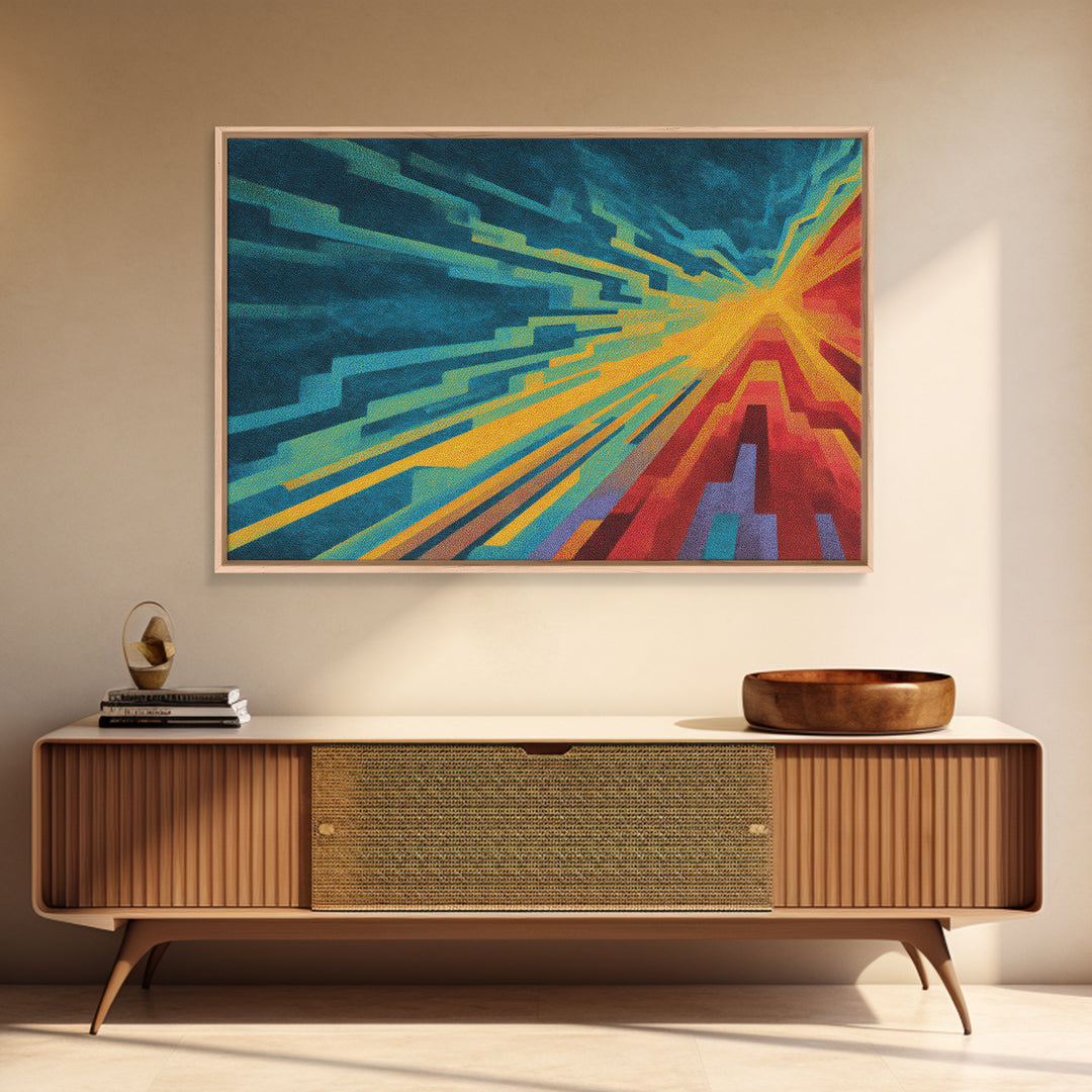Neon Geometric Speed Lines In Teal Orange, Canvas Print, Abstract Wall Art, Modern Digital Art Poster For Gaming Room Decor