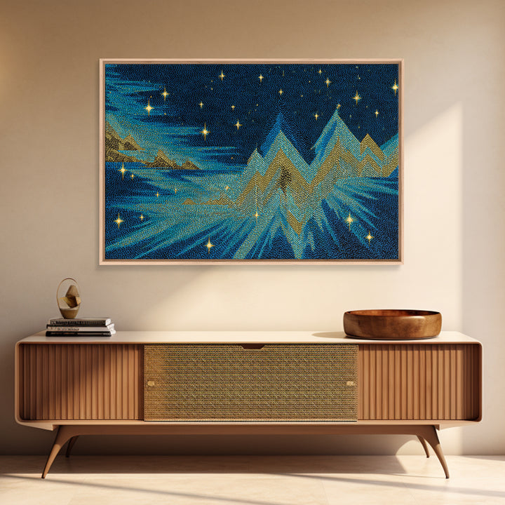 Starry Turquoise Mountains With Golden Peaks, Framed Canvas Print, Cosmic Retro Wall Art, Modern Abstract Decor For Living Room