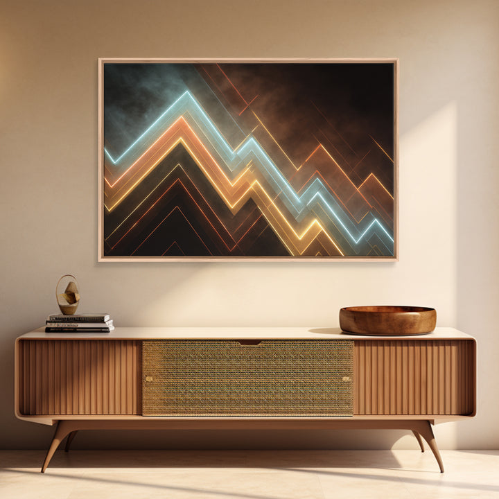 Glowing Neon Chevron Lines In Smoky Dark, Canvas Print, Geometric Wall Art, Modern Abstract Poster For Office Or Game Room