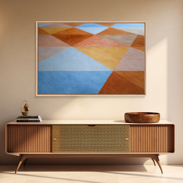 Rust Blue Ochre Triangle Pattern Wall Art, Midcentury Modern Geometric Art Print, Abstract Home Office Decor, Large Canvas Print