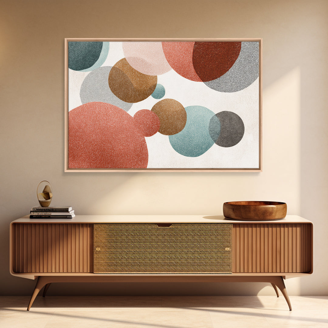 Overlapping Muted Circles In Coral Teal Brown, Canvas Print, Mid Century Modern Wall Art, Abstract Geometric Decor Poster