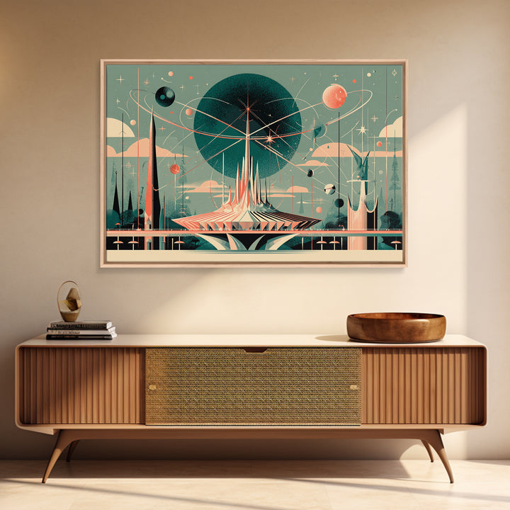 Atomic Futurist Pavilion Canvas Print, Midcentury Modern Wall Art, Retro Space Age Decor, Geometric MCM Architecture Poster