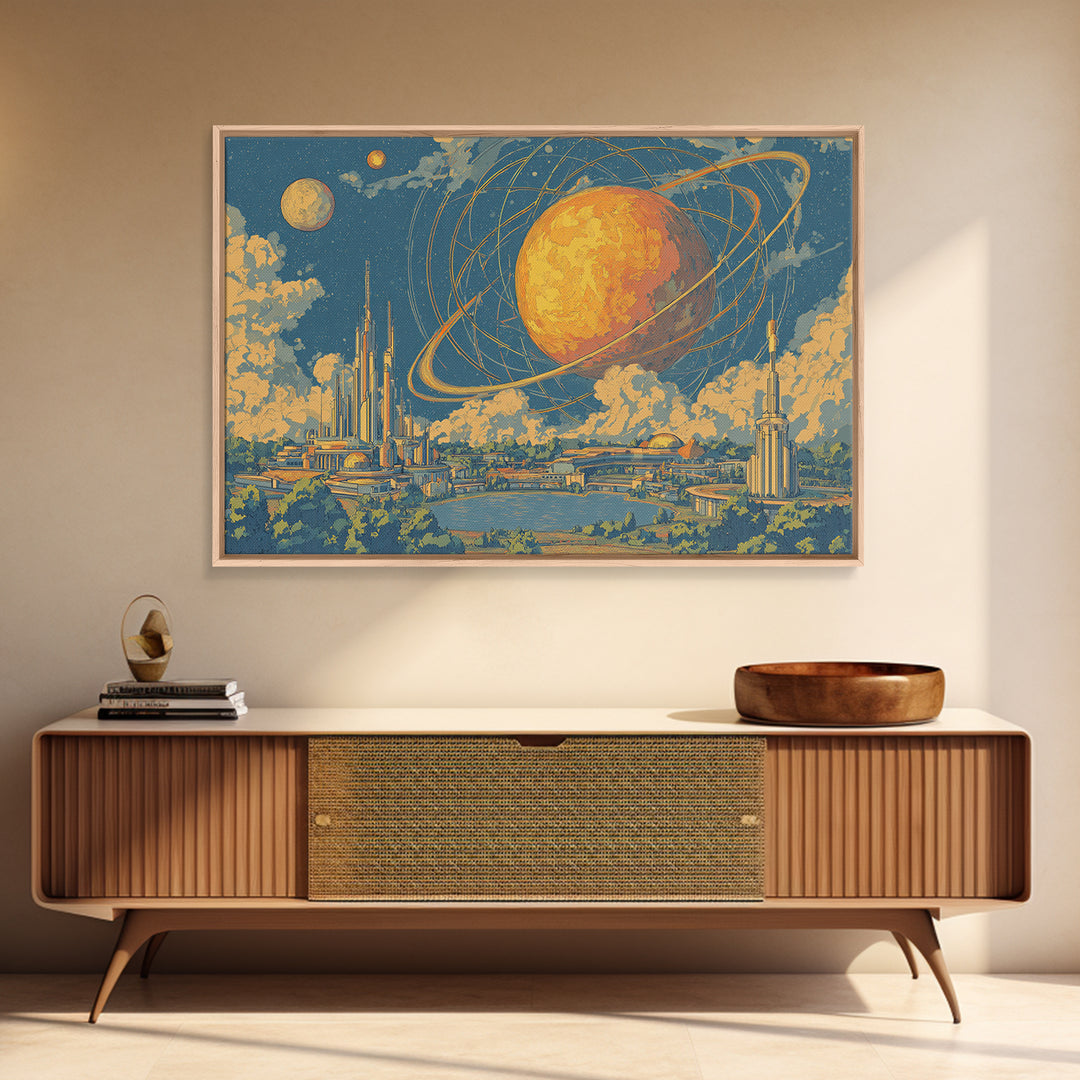 Ringed Planet Futurist City Wall Art, Midcentury Modern Sci Fi Poster, Retro Space Age Decor, Atomic Skyline Canvas Print