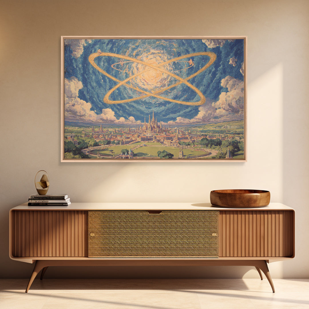 Glowing Atomic Rings Over Utopian City Wall Art, Retro Futurist Landscape Print, Midcentury Modern Sci Fi MCM Decor Poster