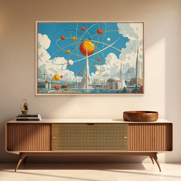 Atomic Solar System Skyline Framed Canvas Print, Midcentury Modern Sci Fi Wall Art, Retro Space Age MCM City Decor Poster