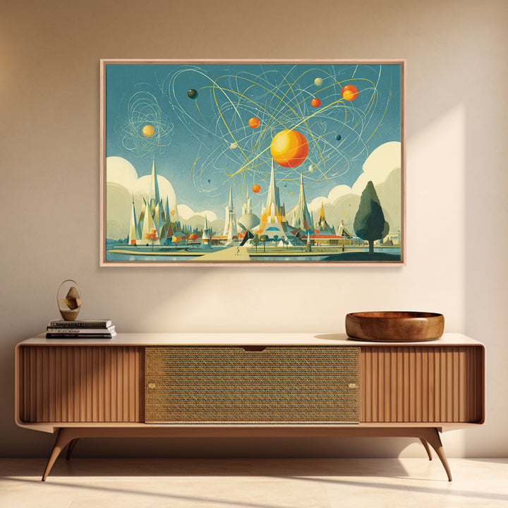 Midcentury Atomic Expo Skyline Wall Art, Retro Futurist Geometric Poster, Modern Space Age MCM Living Room Decor, Canvas Print
