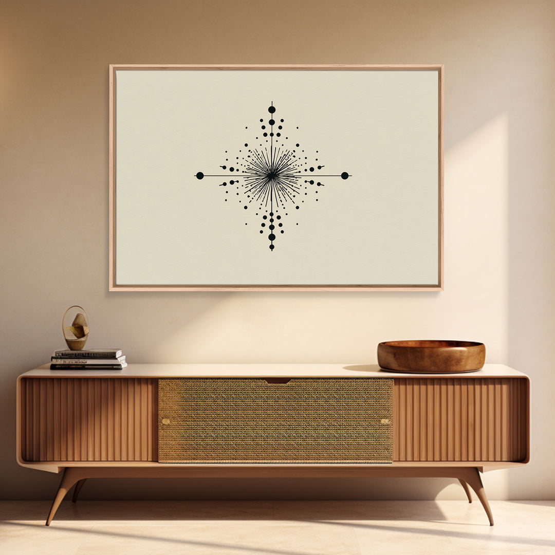 Minimal Black Dot Compass Starburst Canvas Print, Midcentury Modern Wall Art, Geometric Abstract Poster, Neutral MCM Decor