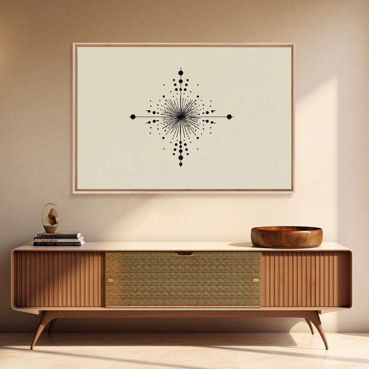 Minimal Black Dot Compass Starburst Canvas Print, Midcentury Modern Wall Art, Geometric Abstract Poster, Neutral MCM Decor