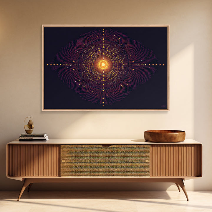 Glowing Orange Cosmic Mandala Wall Art, Midcentury Modern Abstract Art Print, Space Geometric Retro Decor, Large MCM Poster