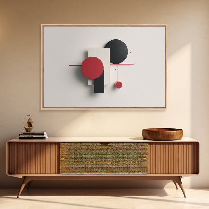Red Black White Dimensional Shapes Framed Canvas Print, Midcentury Modern Wall Art, Geometric Abstract MCM Decor, Bold Poster