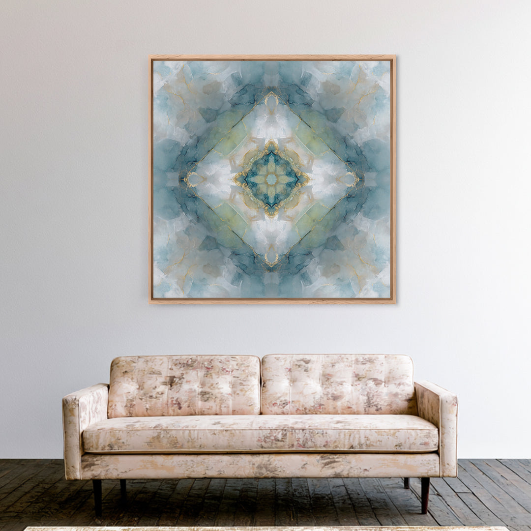 Mandala with Soft Gold and Indigo Symmetry Framed Canvas Print, Meditation Art, Zen Wall Art, Living Room Decor, Stillness, MED-1x1-2