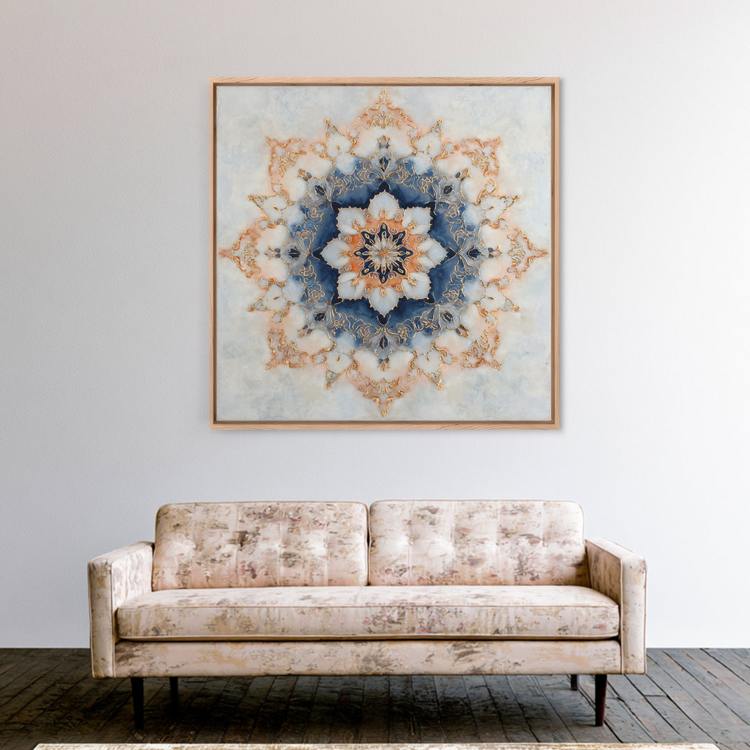 Mandala with Soft Gold and Indigo Symmetry Canvas Print, Meditation Art, Printable Artwork, Living Room Decor, Stillness, MED-1x1-26