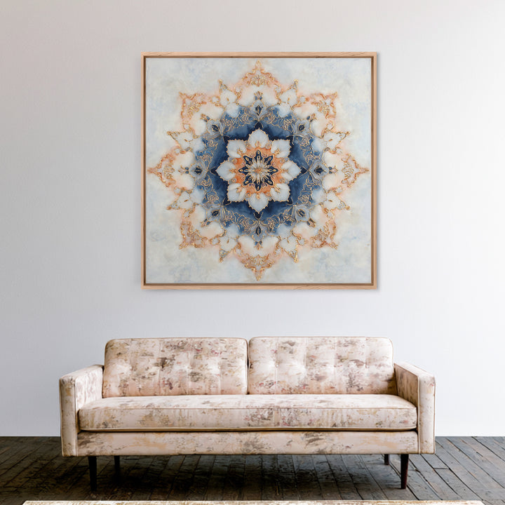 Mandala with Soft Gold and Indigo Symmetry Canvas Print, Meditation Art, Printable Artwork, Living Room Decor, Stillness, MED-1x1-26