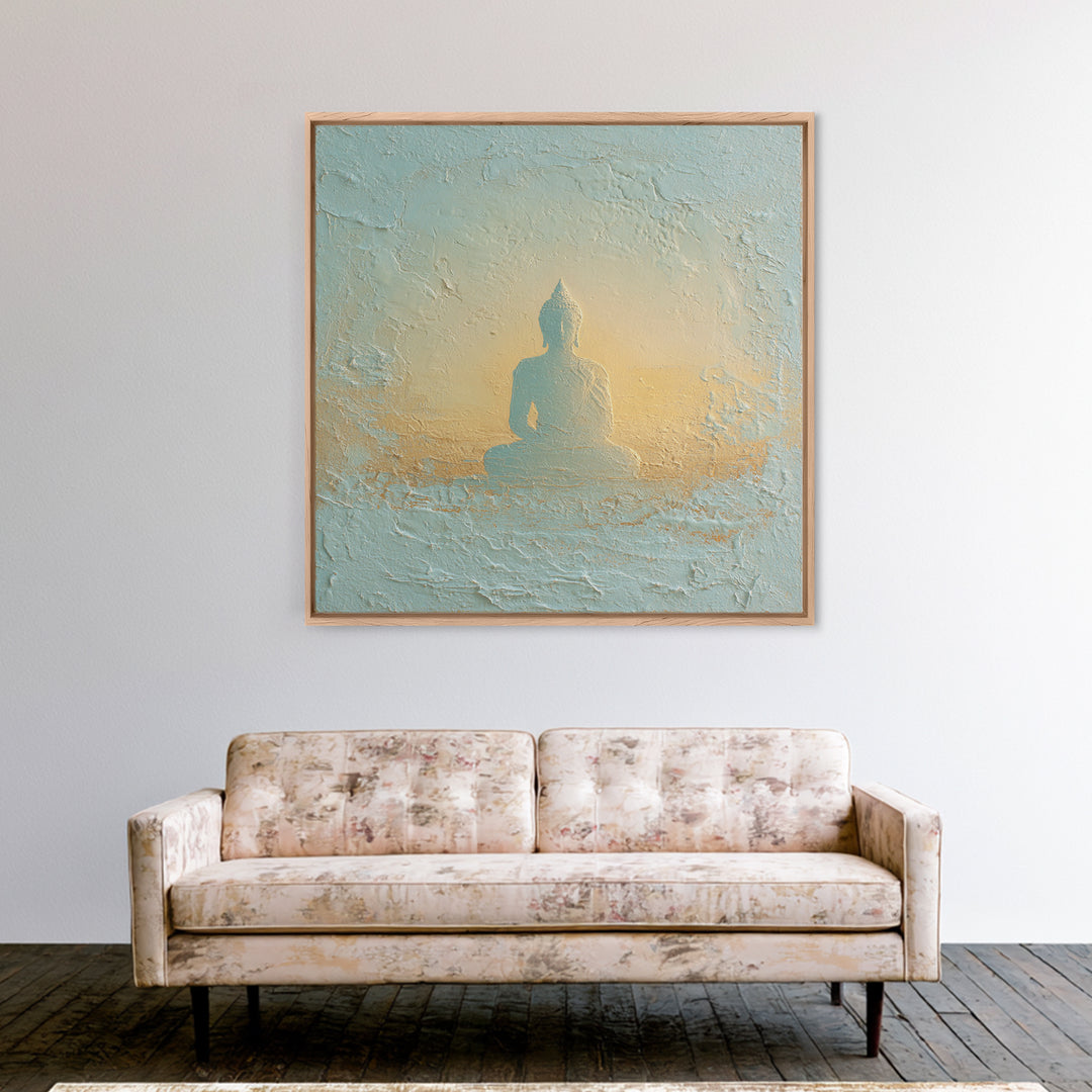 Buddha Silhouette Surrounded by Warm Light Canvas Print, Meditation Art, Neutral Wall Art, Living Room Decor, Stillness, MED-1x1-31