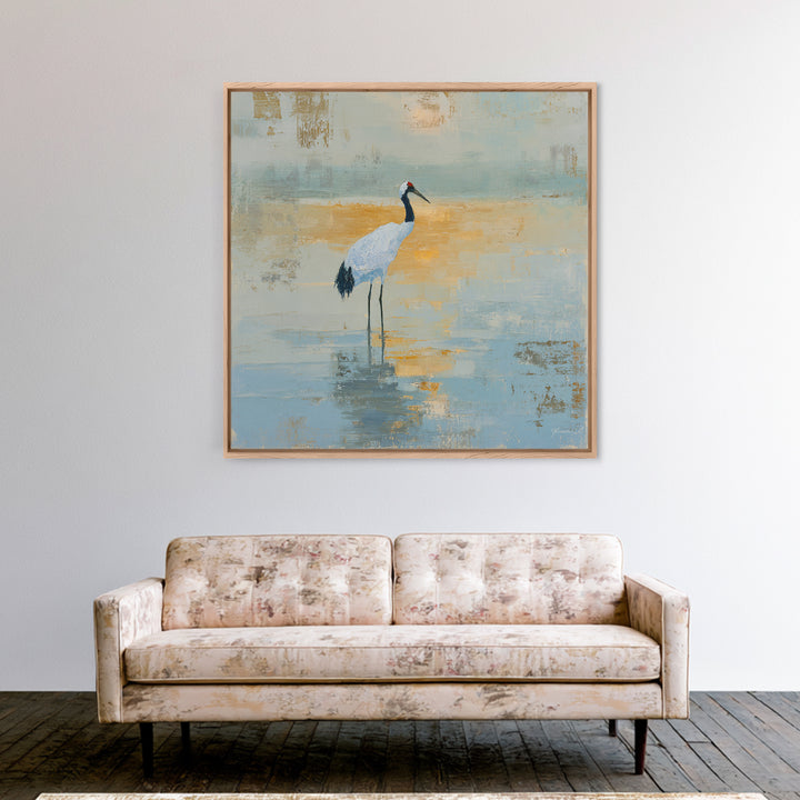 White Crane in Quiet Morning Mist Framed Canvas Print, Meditation Art, Art Print, Living Room Decor, Fine Art, Stillness, MED-1x1-40