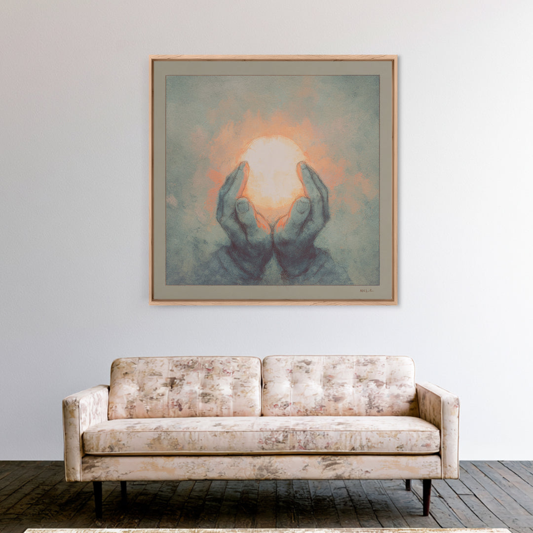 Hands Holding a Tiny Glowing Sun Canvas Print, Meditation Art, Contemporary Art, Living Room Decor, Fine Art, Stillness, MED-1x1-60