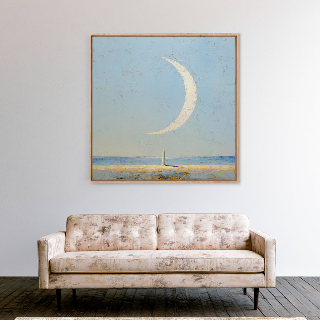 Single Seated Figure Beneath a Crescent Moon Canvas Print, Meditation Art, Statement Artwork, Living Room Decor, Stillness, MED-1x1-75