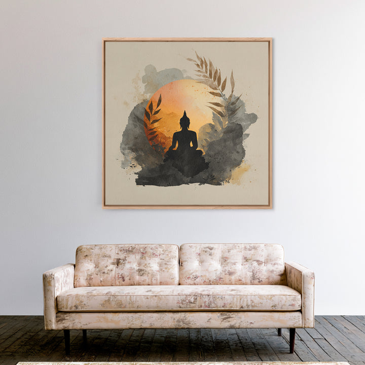 Buddha Silhouette Surrounded by Warm Light Framed Canvas Print, Meditation Art, Boho Decor, Living Room Decor, Oil Painting, MED-1x1-79