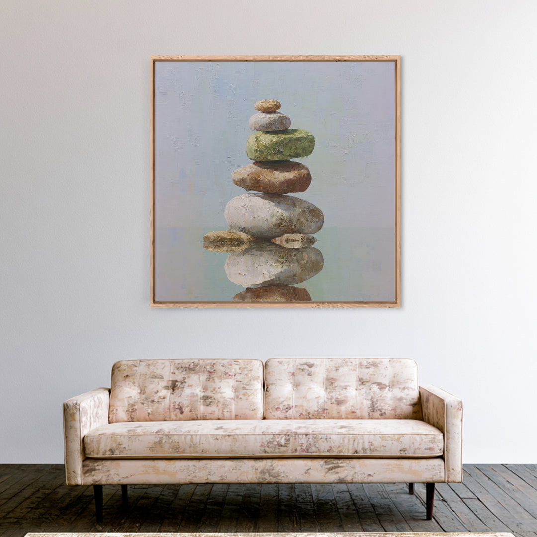 Floating Stones Balanced Above Calm Water Framed Canvas Print, Meditation Art, Digital Print, Living Room Decor, Stillness, MED-1x1-8